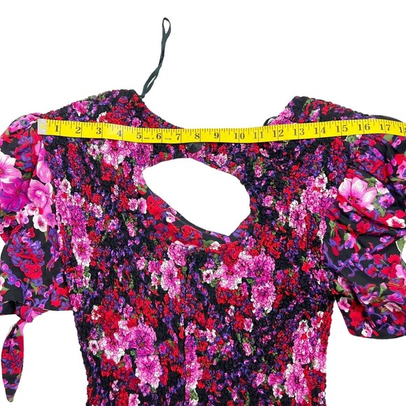 PANTAGIS Vtg 80s Drop Waist Floral Long Dress Rayon Big Shoulder Cutout Stretch - Picture 15 of 15